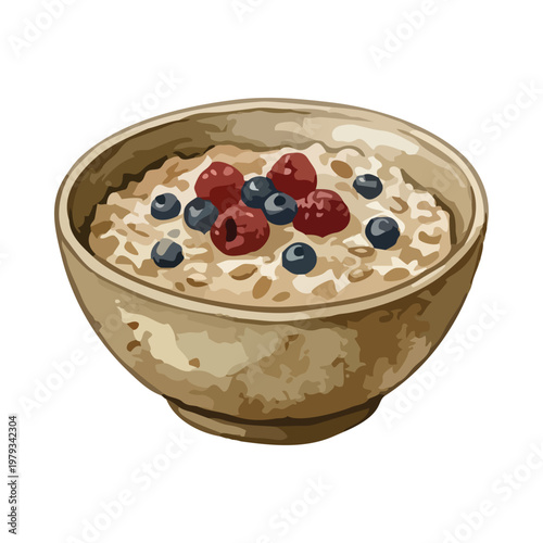 A bowl of oatmeal with blueberries and raspberries on top, a healthy breakfast option