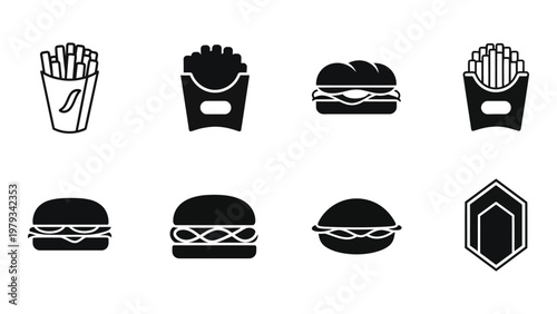 A collection of black and white vector icons depicting various fast food items like burgers fries and buns high quality professional