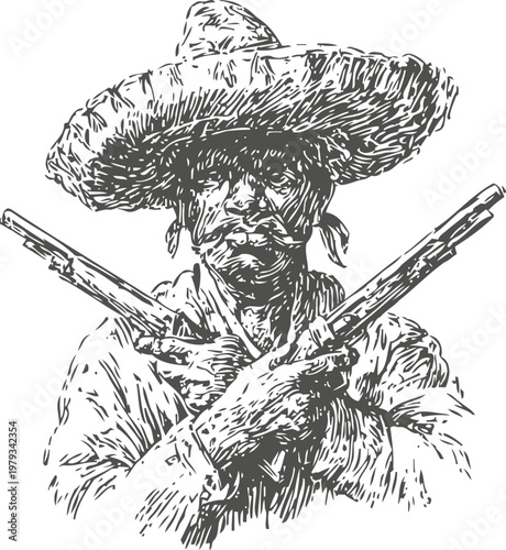 Vintage mexican outlaw with crossed pistols and traditional sombrero, detailed sketch illustration