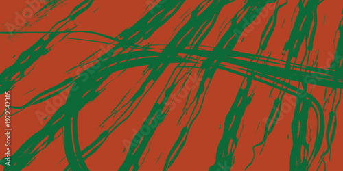 Abstract expressionism interwoven lines of emerald green and burnt orange