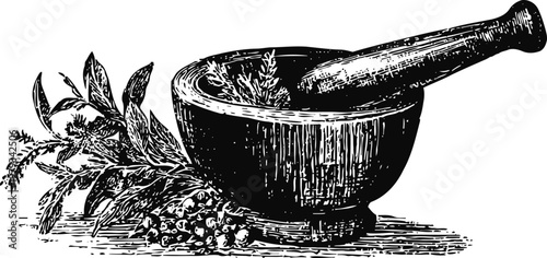 Vintage mortar and pestle with herbs and spices traditional grinding tool for cooking and medicine