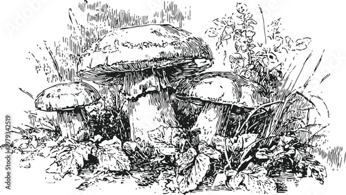 Cluster of wild mushrooms growing in forest underbrush with leaves and foliage detailed botanical illustration