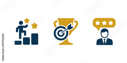 Three icons representing success achievement and positive customer feedback reviews