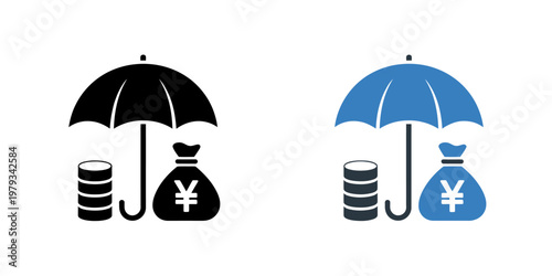 Umbrella protecting money bag and coins on white background