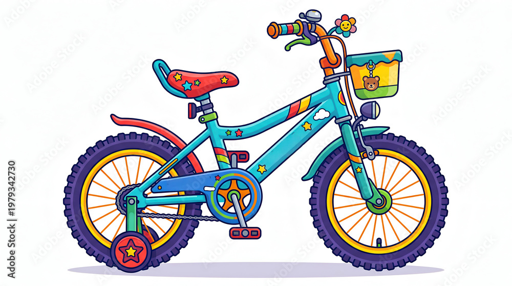Fototapeta premium Colorful Kids Bicycle with Teddy Bear Basket Cartoon Illustration, Cute Child Bike Design Isolated on White Background