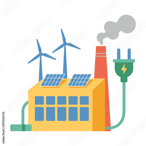 Renewable energy sources power plant with solar panels and wind turbines connected to electricity grid