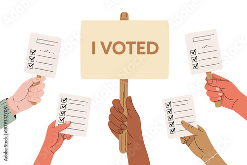 Diverse hands holding I voted sign and checklist papers for election participation