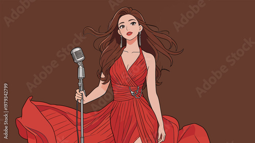 Beautiful Woman in Red Dress Singing with Microphone