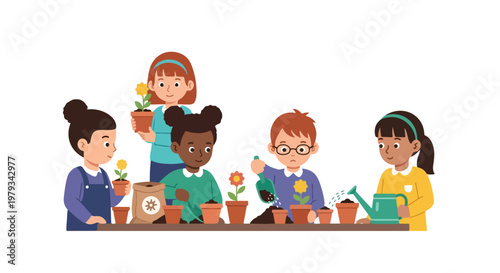 Five diverse children are happily engaged in gardening activities, planting and watering flowers in small terracotta pots on a long table.