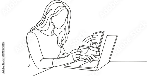 Female Professional Making Online Payment with Credit Card Continuous One Line Drawing