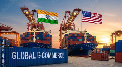 Global e-commerce shipping containers with Indian and American flags at sunset