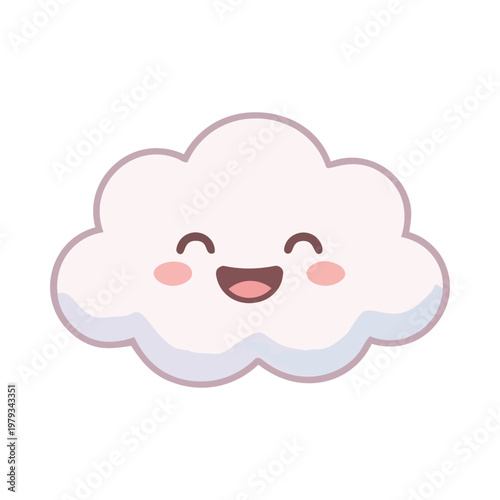 A cute cartoon cloud with a smiling face and rosy cheeks on a white background