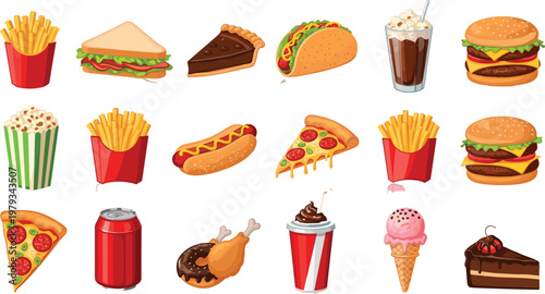 Comprehensive fast food vector set featuring burger pizza french fries hot dog taco sandwich and desserts like cake and ice cream for restaurant menu design.