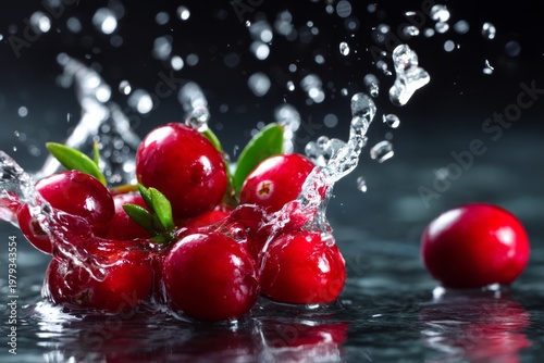 Fresh Cranberries Falling into Water Creating Dynamic Splash and Ripples in Liquid
