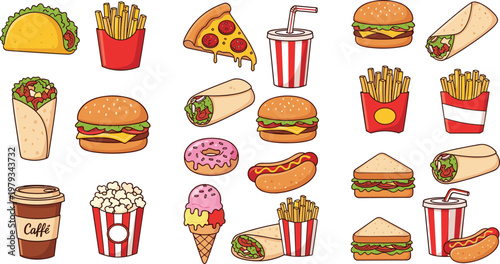 Doodle style fast food vector set featuring burger pizza burrito taco french fries hot dog and snacks for restaurant menu and cafe marketing design.