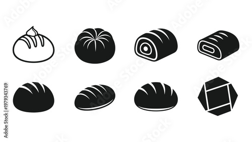 A collection of black and white vector icons depicting various types of bread and baked goods shown in simple shapes