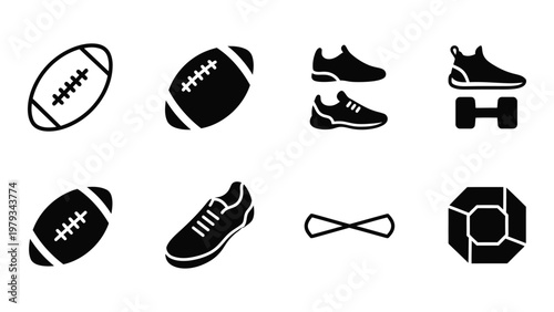 A collection of black glyph icons depicting american footballs athletic shoes a dumbbell and other fitness related items high quality professional