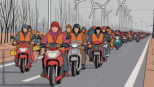 Migrant Workers Riding Motorcycles in Long Line