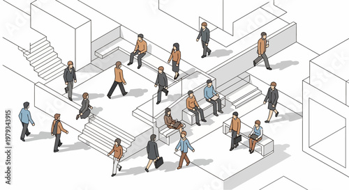 People walk up and down stairs in a busy office building interior