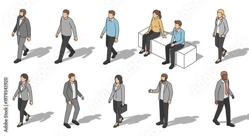 Business people walk and sit in office environment with various characters