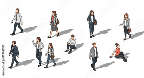 People walking and sitting in a modern urban environment with business casual attire