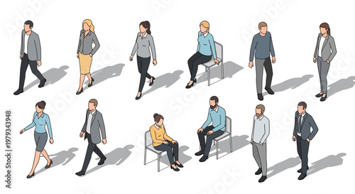People walking and sitting in office setting with coworkers around