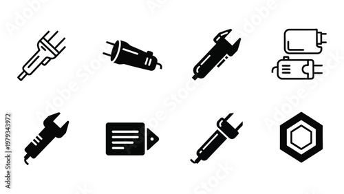 A collection of black outline icons depicting various tools and electrical connectors set against a clean white background high quality professional