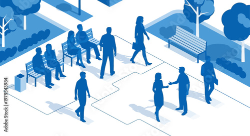 People interact and walk in a public park with benches and paths