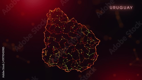 A dynamic motion video showcasing the Uruguay country border through a colorful plexus reveal. Glowing red and orange dots represent high-tech data communication and global digital networks.