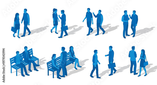 People walking and sitting on benches in a public urban setting with various individuals