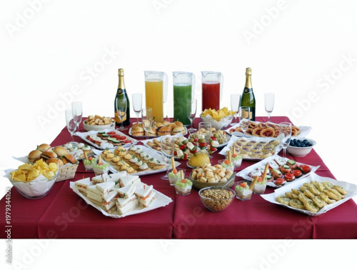 Buffet table offering variety of appetizers and drinks for an event