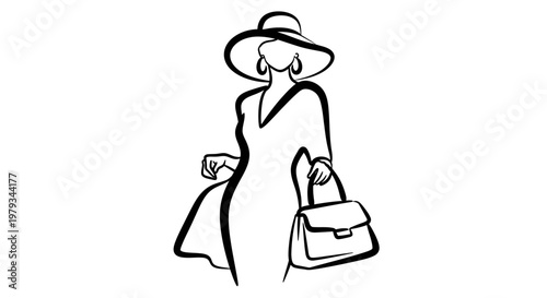 Elegant woman in stylish dress and hat with handbag vector illustration