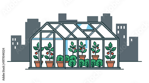 Glasshouse greenhouse filled with potted plants and seedlings.