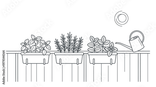 Herb plants in pots on a windowsill shelf.