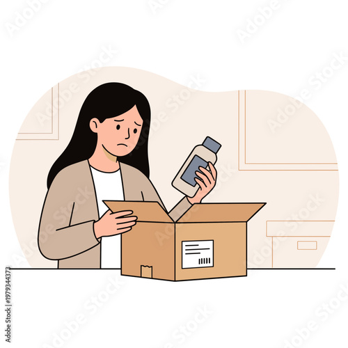 A woman unpacks a milk bottle from a cardboard box indoors