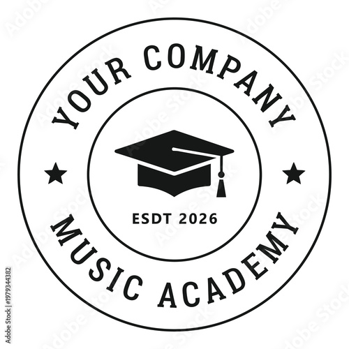 Your Company Music Academy logo with graduation cap and stars icon