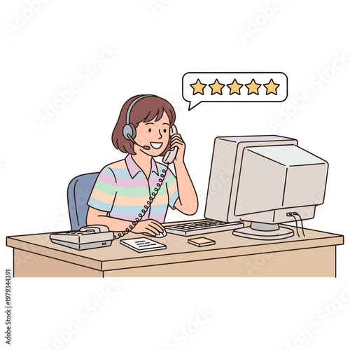 Customer service representative smiling while talking on phone at office desk with computer