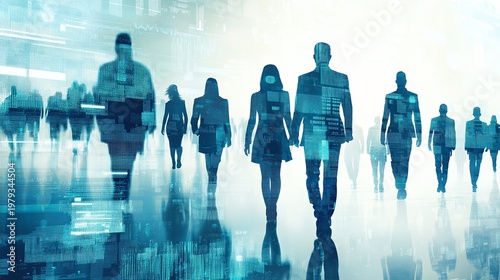 A group of business people walking together in a futuristic digital environment with a blue tone