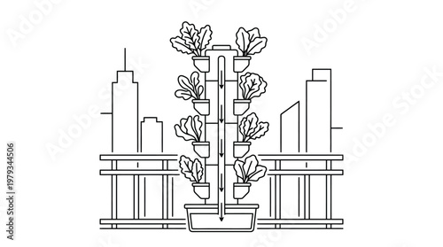 Potted plant with climbing stems and leaves in line art.