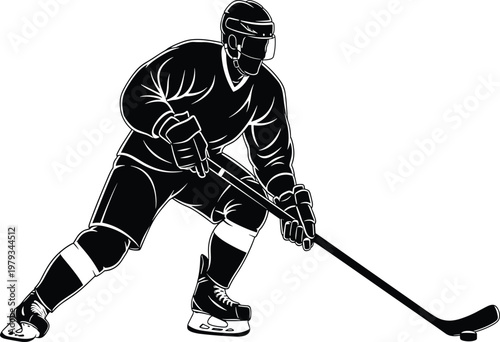 Canvas Print Ice hockey player silhouette in action with stick and skates, white line art on