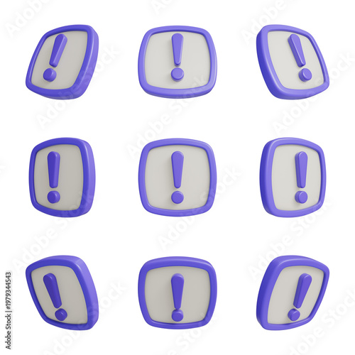 Purple Exclamation Mark 3D Icon Badge Set, Minimalist Style for UI UX App Design.