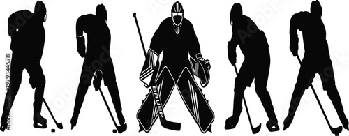 Ice hockey player silhouettes set with goalie and skaters, professional athlete figures in action, black winter sports team vector,