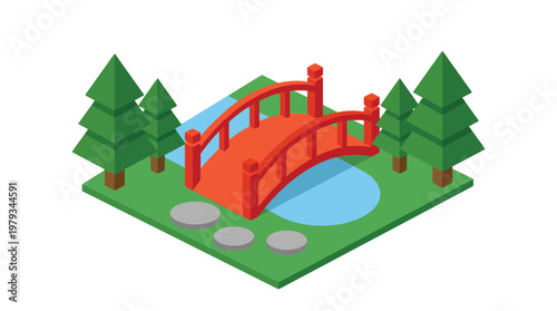Red Bridge In A Park Isometric Illustration.