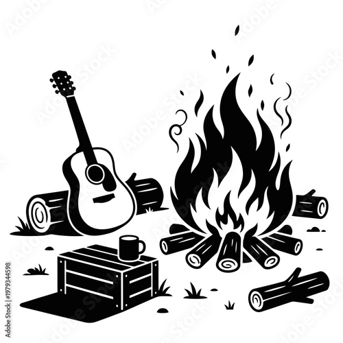 Geodesic dome campsite with bonfire silhouette