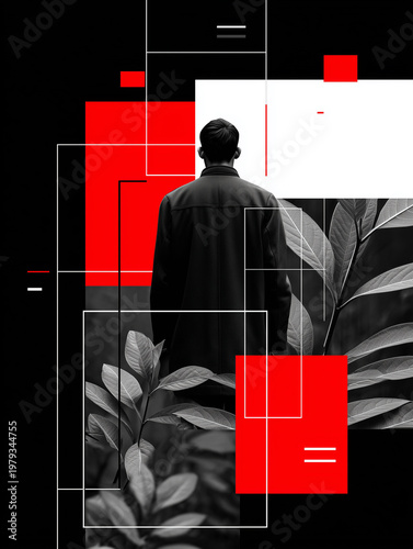 Abstract modern composition with man in dark coat seen from behind surrounded by monochrome foliage and bold red geometric shapes collage.