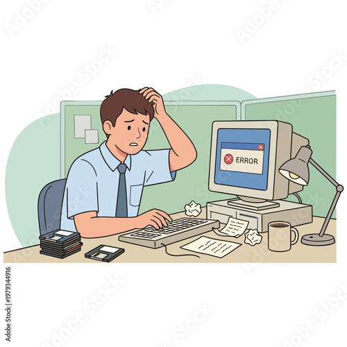 Man sitting at desk in office looks frustrated with computer error message on screen