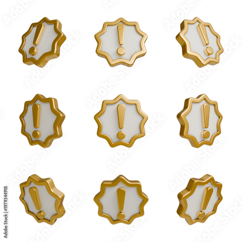 Golden Star Burst Exclamation Mark 3D Icon Badge, Premium Achievement Alert Sign for UI UX.