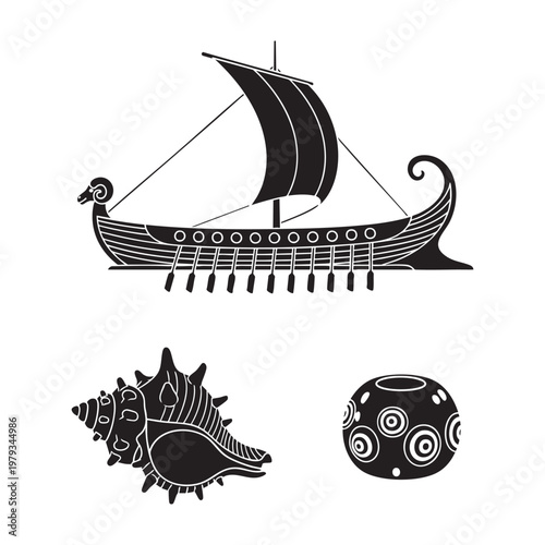 Tableau sur toile Ancient Phoenician Icons Bireme Ship Murex Shell Glass Bead Silhouette Vector