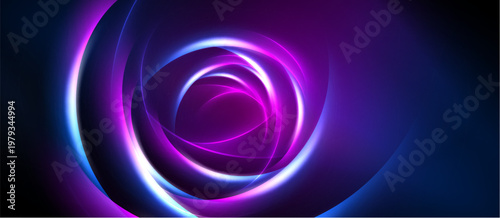 Abstract swirls, vibrant neon colors, dark background. Concentric rings create dynamic visual effect. Modern design, energy flows.