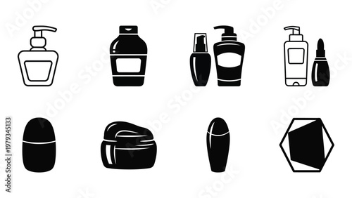 A collection of black and white cosmetic product icons including lotion soap perfume and jar containers high quality professional detailed modern